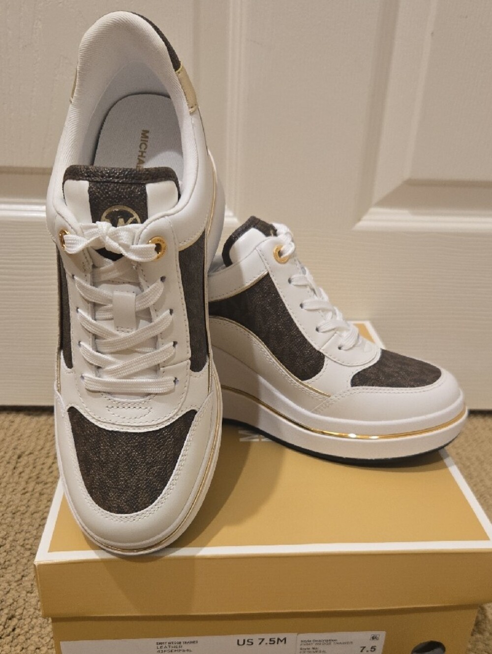 Michael Kors White, Brown and Gold Platform Logo Sneakers